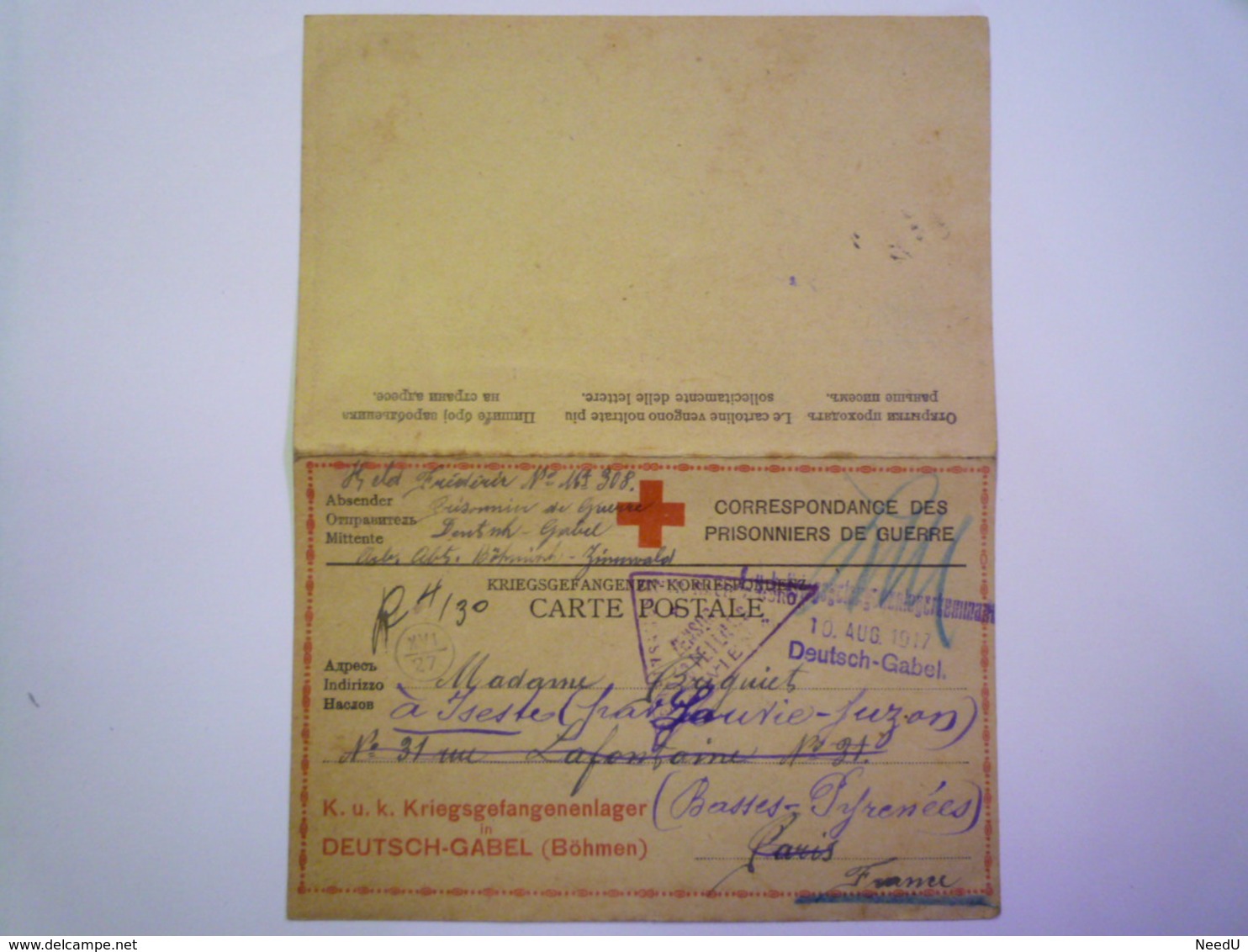 GP 2019  - 1323  DEUTSCH-GABEL (Böhmen)  1917  :  Kriegsgefangenen-Korrespondenz   XXX - Guerre 1914-18