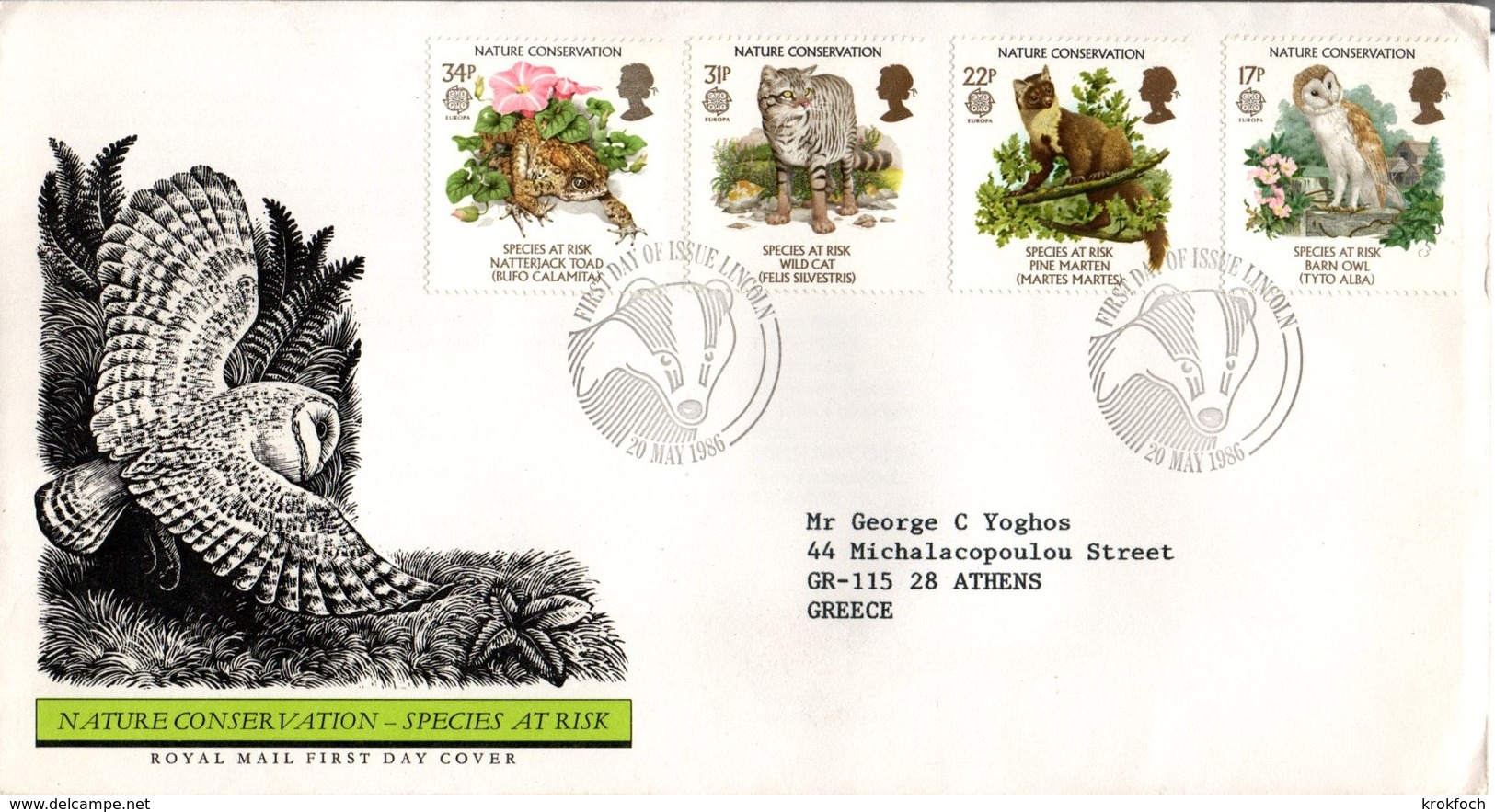 Europa 1986 - Species At Risk - FDC Lincoln 1986 - Owl Chouette Cat Chat Toad Fog Grenouille Pine Marten Blaireau - 1981-1990 Dezimalausgaben
