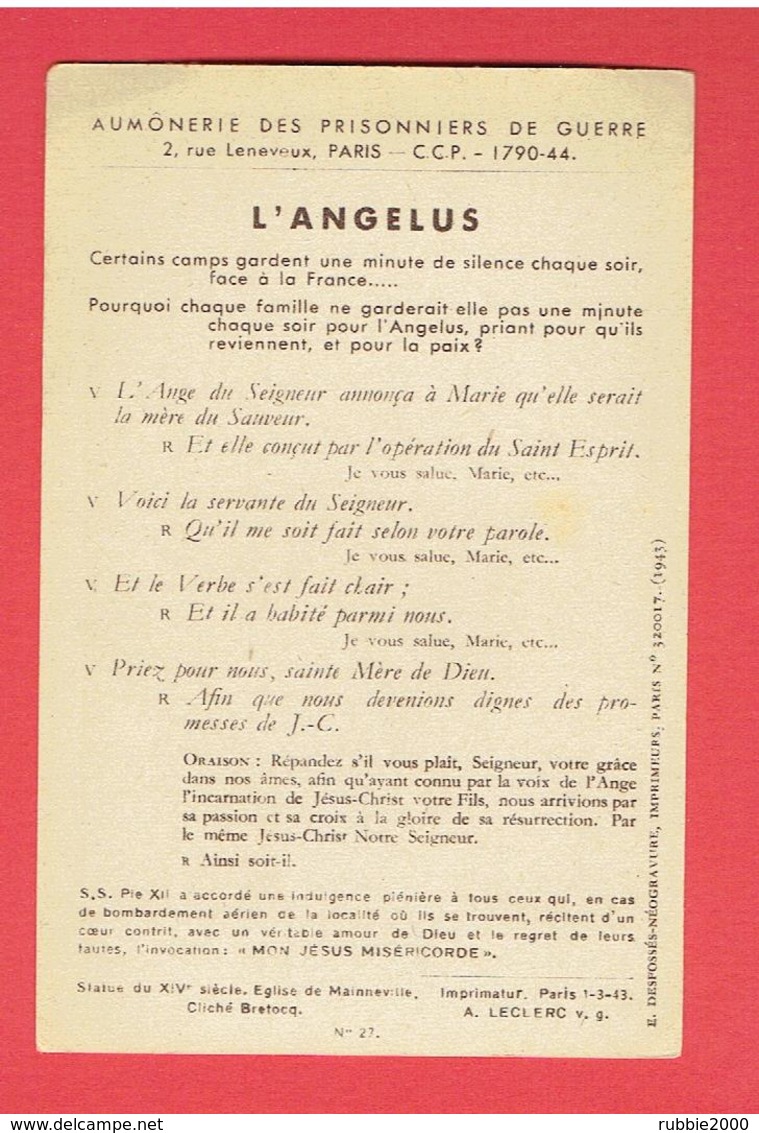 IMAGE PIEUSE AUMONERIE DES PRISONNIERS DE GUERRE 1943 WWII SAINT LOUIS ROI DE FRANCE - Religion &  Esoterik