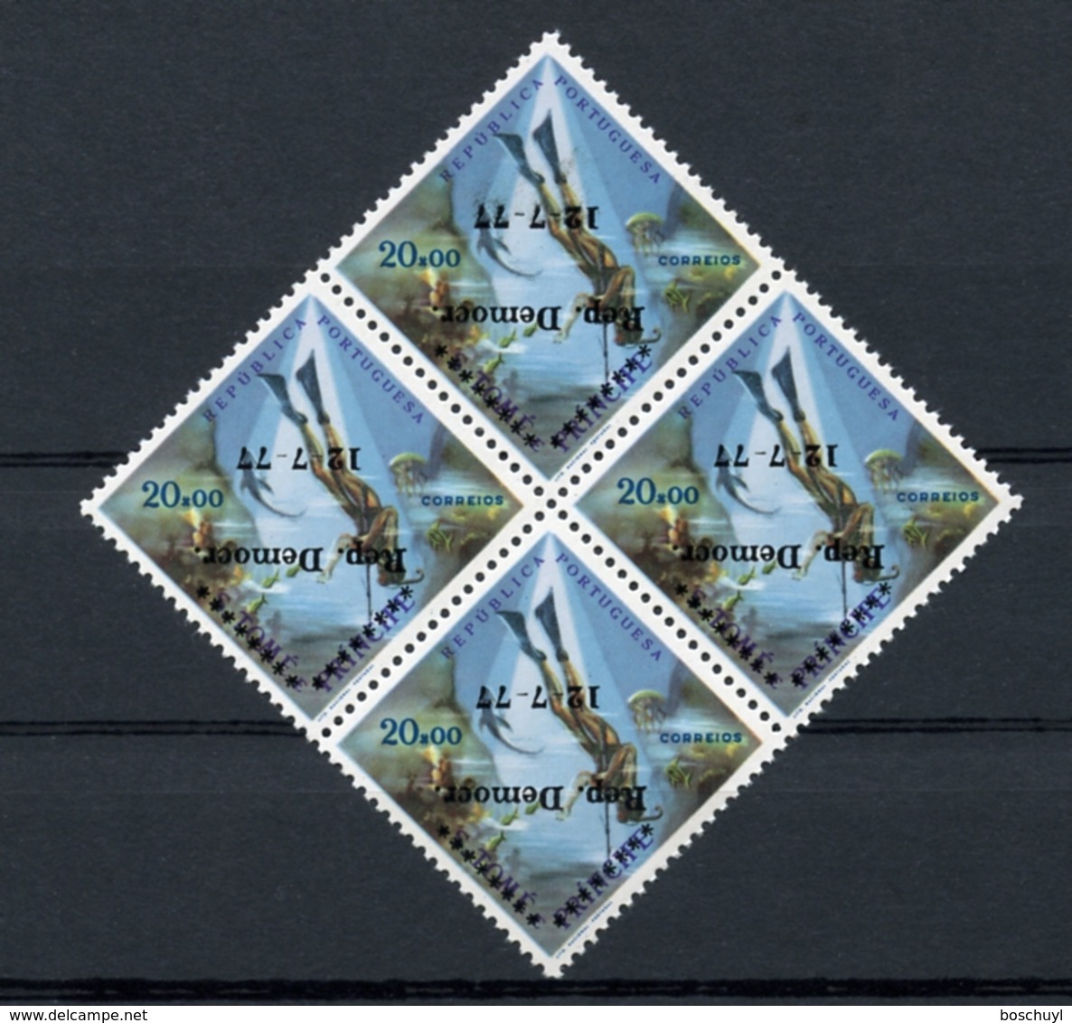 Sao Tome And Principe, 1977, Diving, Fishing, Marine Life, Fish, MNH Block With Inverted Overprint, Michel 463 Error - Sao Tome Et Principe