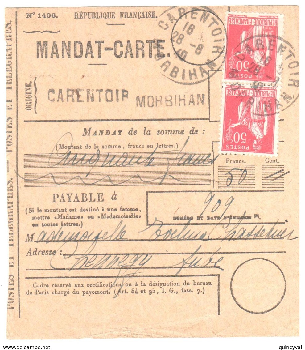 CARENTOIR Morbihan Mandat Carte Formule 1408 Taxe Factage 1F Paix 50c Rouge Yv 283x2 Dest Chennegy Aube Ob 1940 - Lettres & Documents