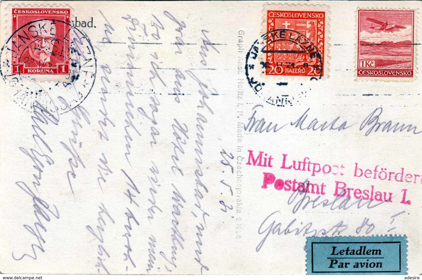 R! Tschechoslowakei 1931 - Seltene 3 Fach Frankierung Mit Luftpost Postamt Breslau Auf Ak Lanske Lazne, Heim Anne Marie - Briefe U. Dokumente