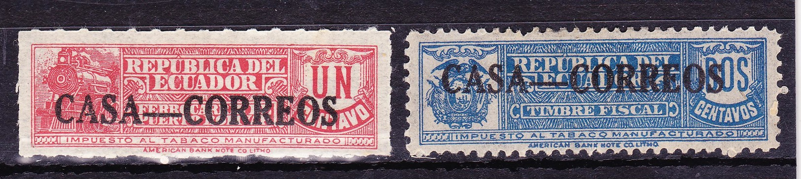 ECUADOR 1924 STEAM LOCOMOTIVE TRAIN RAILWAY TOBACCO TAX 1 CENT RED & 2 CENTS BLUE MH SC# RA18-19 - Ecuador