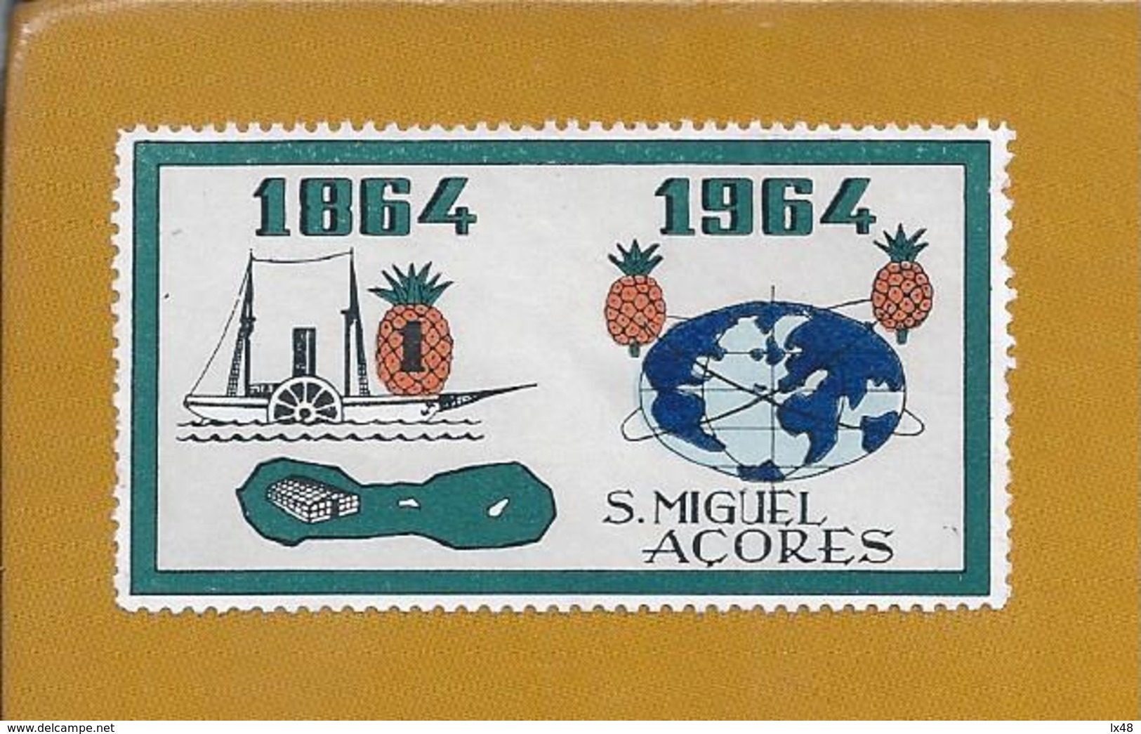 Vinheta De S. Miguel Açores. Mapa Estilizado Da Ilha De S. Miguel. Exportador De Ananaz. Ilha Vulcânica. Lago 7 Cidades - Local Post Stamps