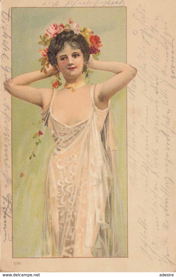 Junge Hübsche Frau In Seidigen Kleid, Offenen Dekoltee Und Blumen Haarschmuck, Sehr Schöne Jugenstilkarte Um 1905 - Donne