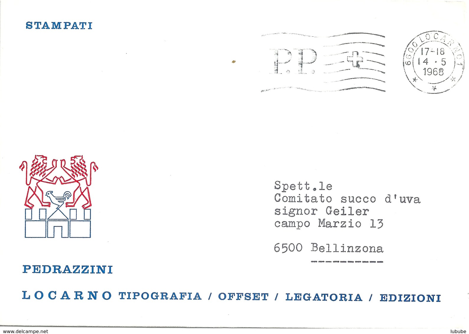 Motiv Brief  "Pedrazzini, Tipografia/Offset/Legatoria/Edizioni, Locarno"           1968 - Storia Postale