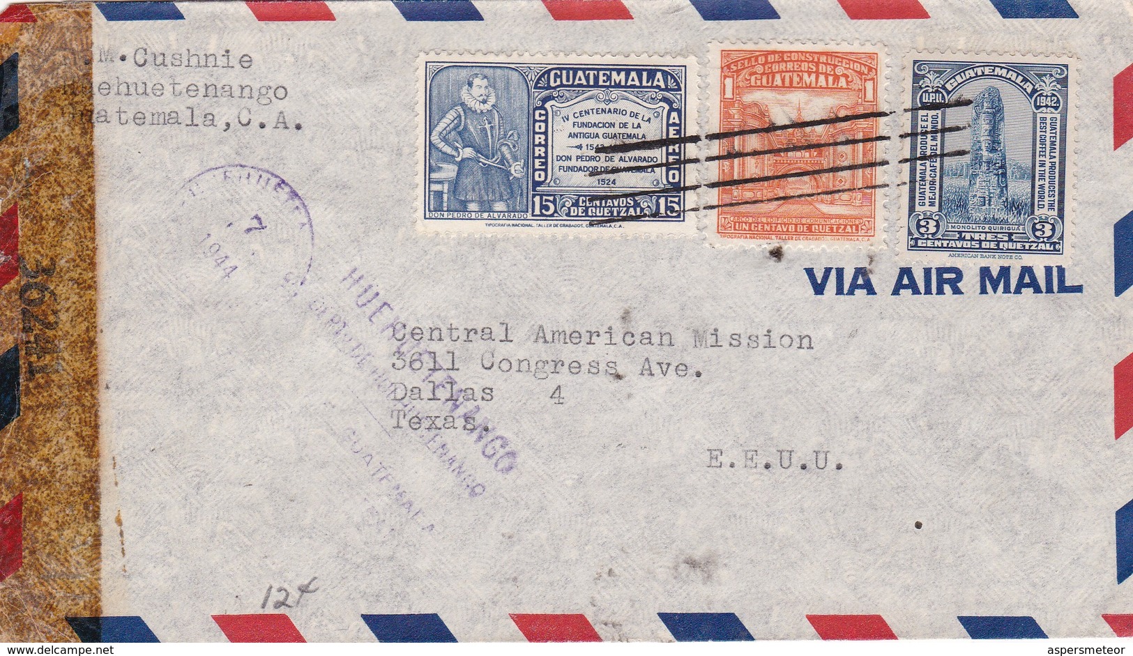 1944 AIRMAIL CIRCULEE GUATEMALA TO USA, OPENED BY CENSOR BANDELETA PARLANTE - BLEUP - Guatemala