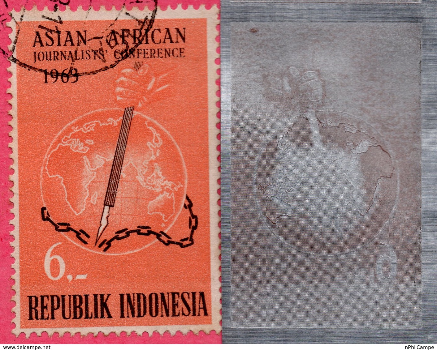 KPI-398- Indonesia 1963. X3 Document+Asian African Journalist Conference. 6r. Block 4. Piece Of Printing Plate! Rare!!! - Indonesia