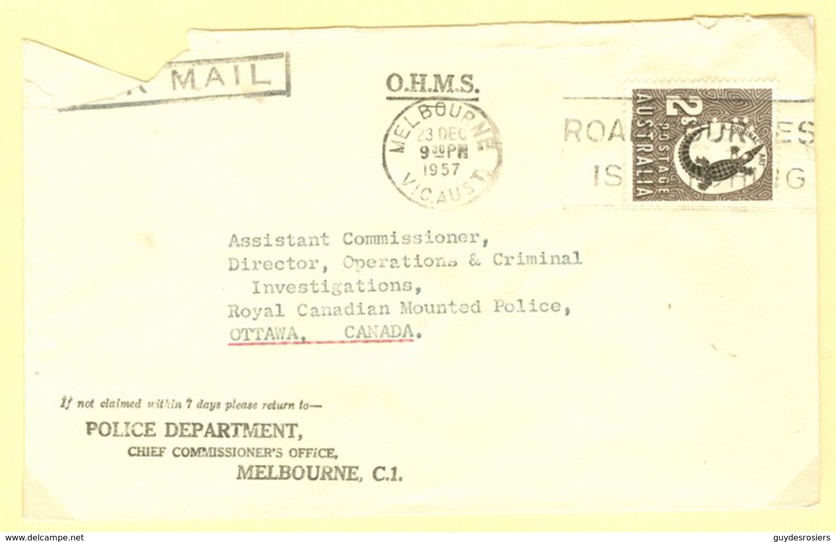 Police; O.H.M.S. De L'Australie Vers Gendarmerie Royale Du Canada, Ottawa. Oblitération De Melbourne Scott # 212  (1907) - Brieven En Documenten