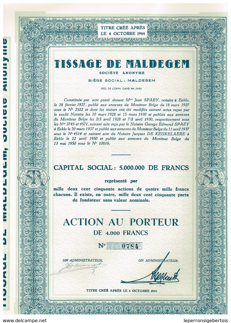 Ancien Titre - Tissage De Maldegem - Société Anonyme - Titre De1950 - N° 0784 - Textile