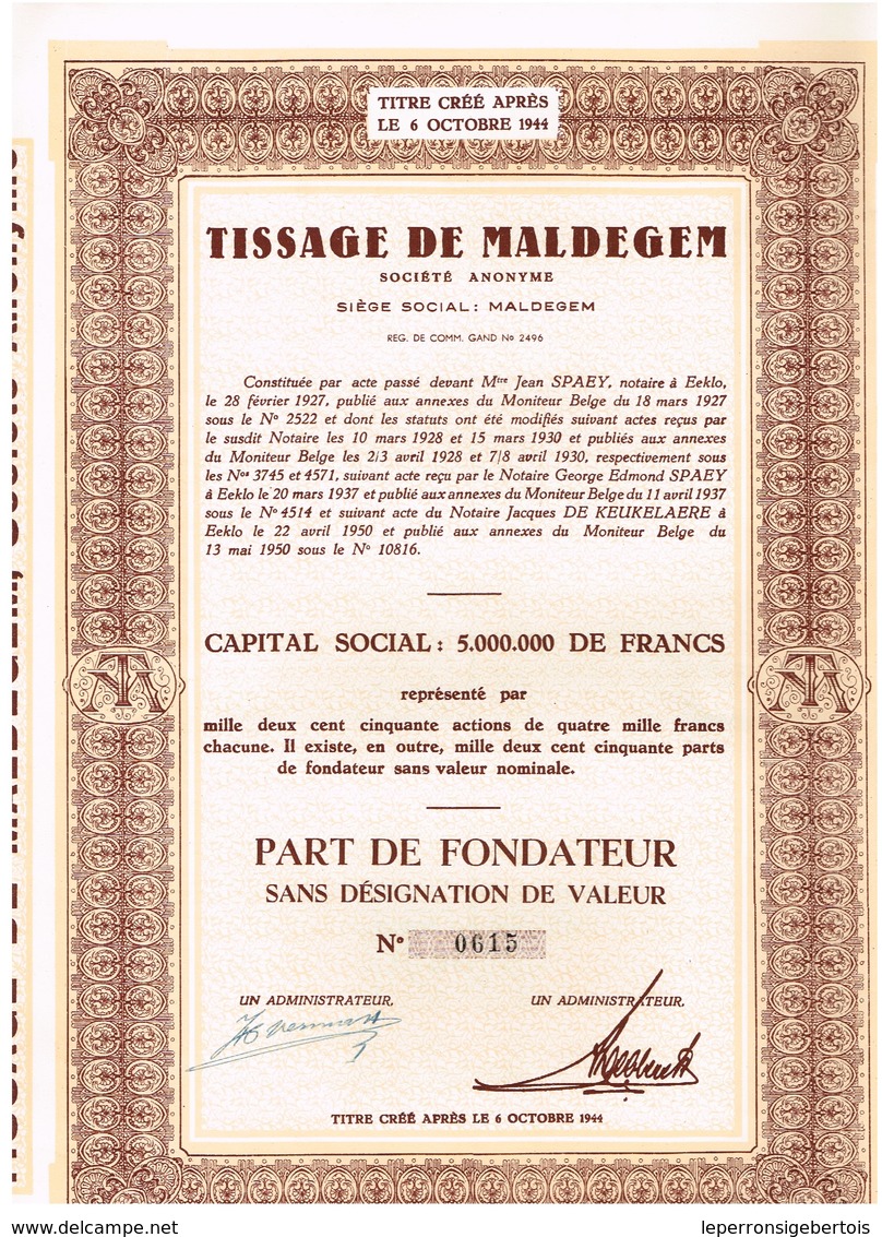 Ancien Titre - Tissage De Maldegem - Société Anonyme - Titre De1950 - N° 0615 - Tessili
