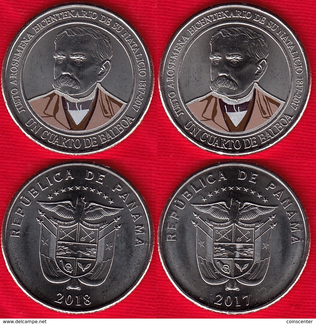 Panama Set Of 2 Coins: Cuarto (1/4) Balboa 2017-2018 "Justo Arosemena" UNC - Panama