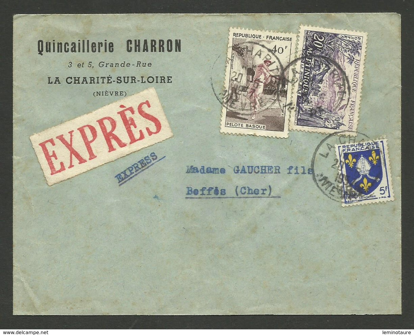 NIEVRE / Quincaillerie CHARRON à LA CHARITE 20.06.1957 / Lettre Exprès >>> BEFFES - 1921-1960: Modern Period
