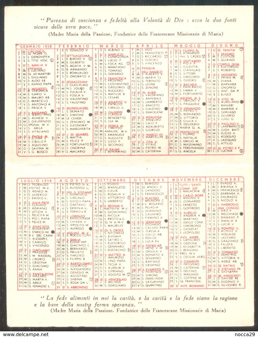 SANTINO ORIGINALE D'EPOCA - CALENDARIETTO 1958 - ISTITUTO FRANCESCANE MISSIONARIE - HOLY CARD ( H240 ) - Formato Piccolo : 1941-60