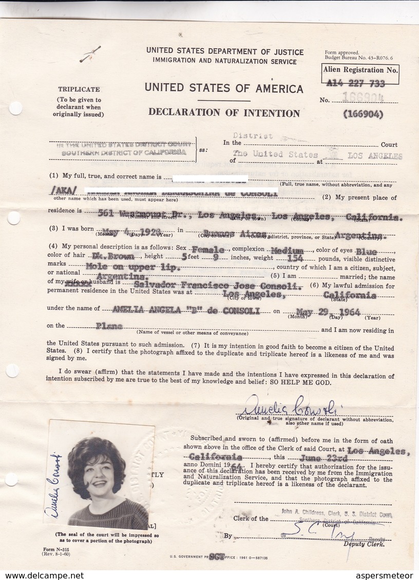 DECLARATION OF INTENTION  LOS ANGELES YEAR 1969 USA DOCUMENT - BLEUP - Documentos Históricos