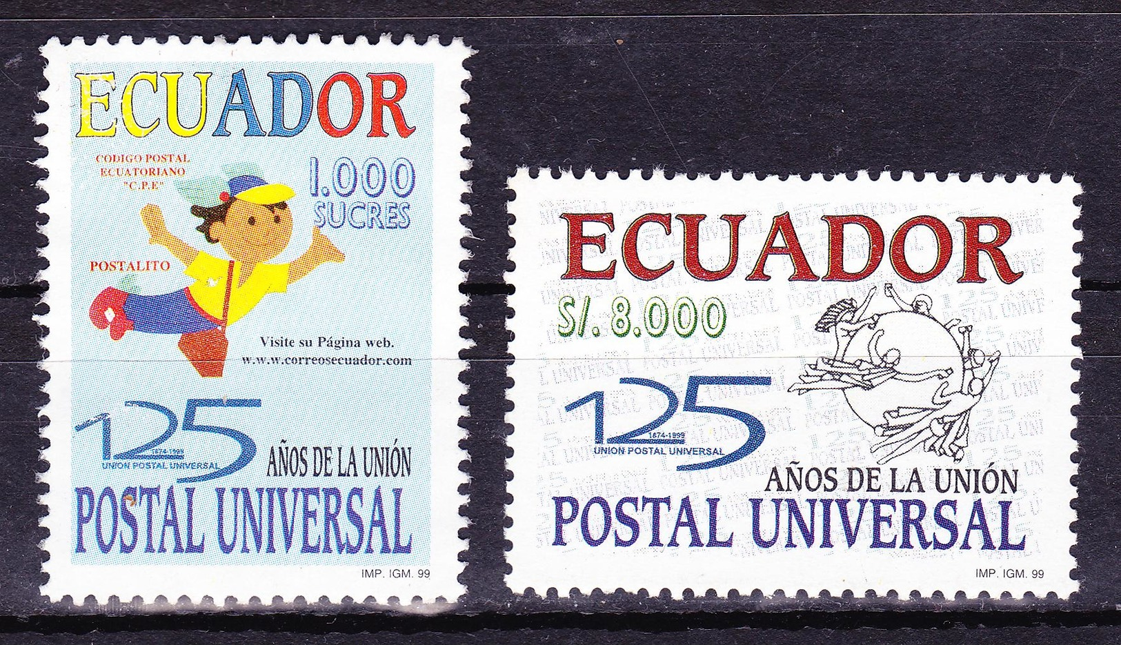 ECUADOR 1999 UNIVERSAL POSTAL UNION 125TH ANNIVERSARY ECUADORIAN POSTAL SERVICE MASCOT & EMBLEM MNH SC# 1497 1499 - Equateur