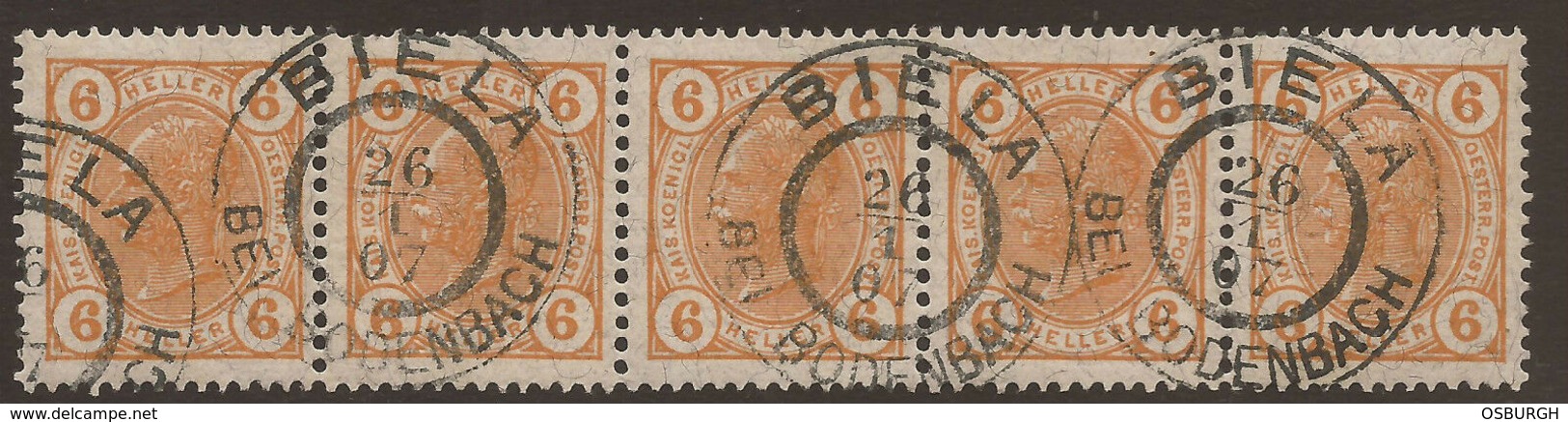 AUSTRIA / ÖSTERREICH / CZECH / BOHEMIA. POSTMARK. BIELA BEI BODENBACH. 6h ORANGE STRIP X5. NO VARNISH. PERF 13 X 12.5. U - Oblitérés