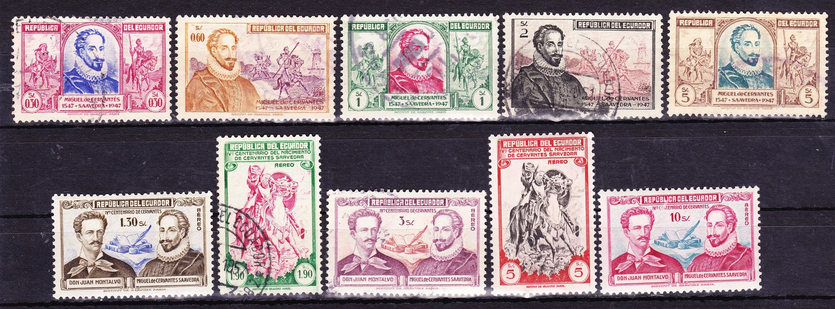 ECUADOR 1949 MIGUEL DE CERVANTES Y SAAVEDRA 400TH BIRTH ANNIV. & JUAN MONTALVO WRITERS USED & MNH SC# 520-524 C202-C206 - Ecuador