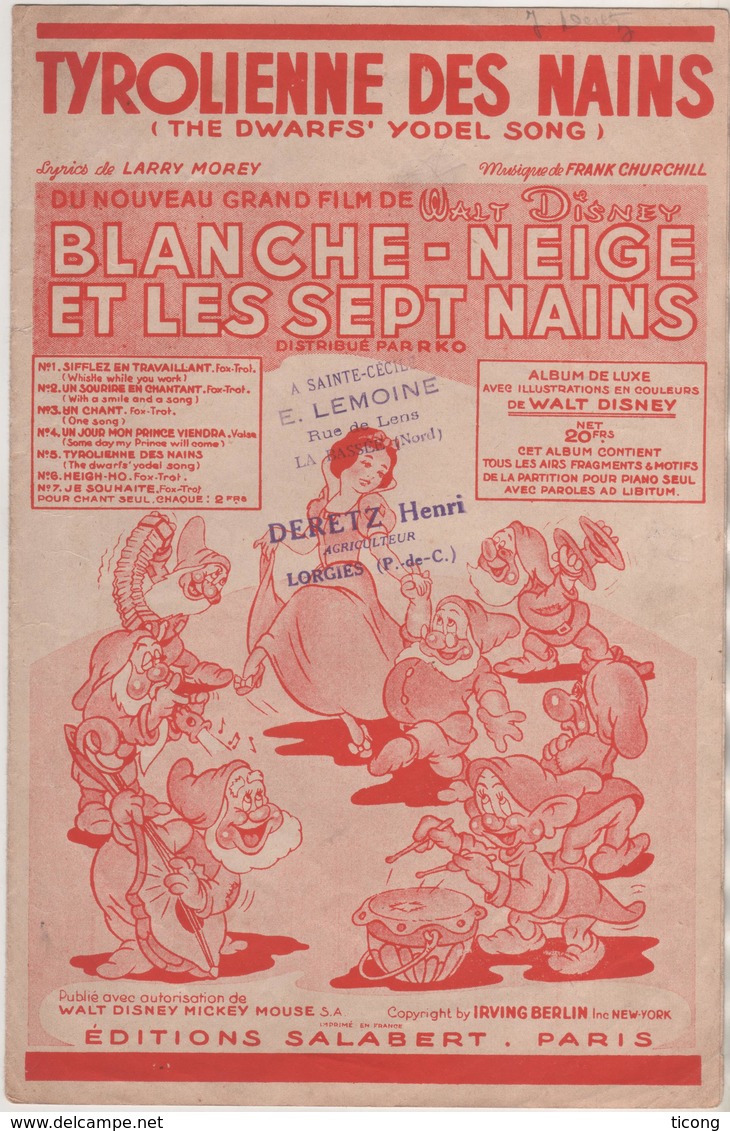 WALT DISNEY - PARTITION BLANCHE NEIGE ET LES SEPT NAINS, TYROLIENNE DES NAINS ( TITRE RARE ) VOIR LES SCANNERS - Autres & Non Classés