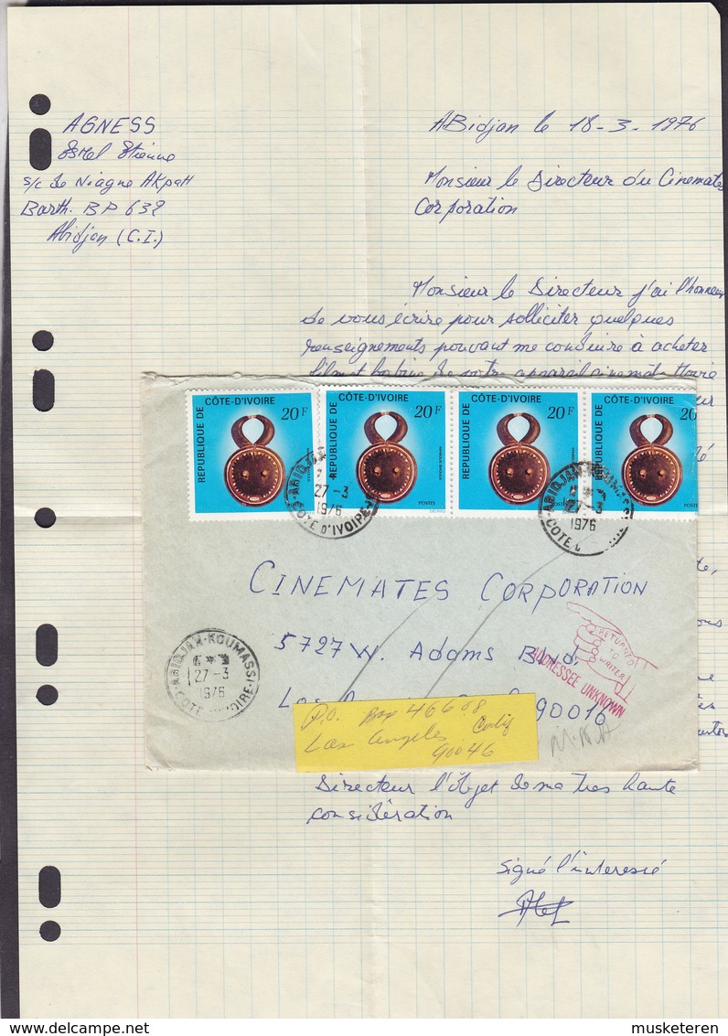 Ivory Coast ABIDJAN 1976 Cover Brief LOS ANGELES United States RETURNED Adresse Unknown 4-Stripe - Côte D'Ivoire (1960-...)
