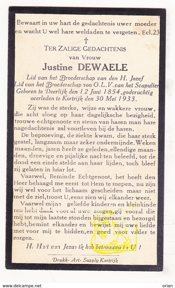 DP Justine Dewaele ° Deerlijk 1854 † Kortrijk 1933 - Images Religieuses