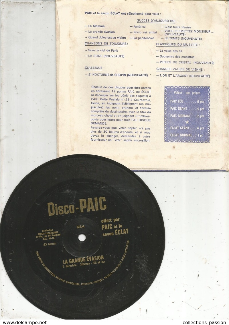 Disque DISCO PAIC ,  1965 ,  2 Disques : America (West Side Story) , La Grande Evasion + ENVELOPPE, Frais Fr 2.55 E - Spezialformate