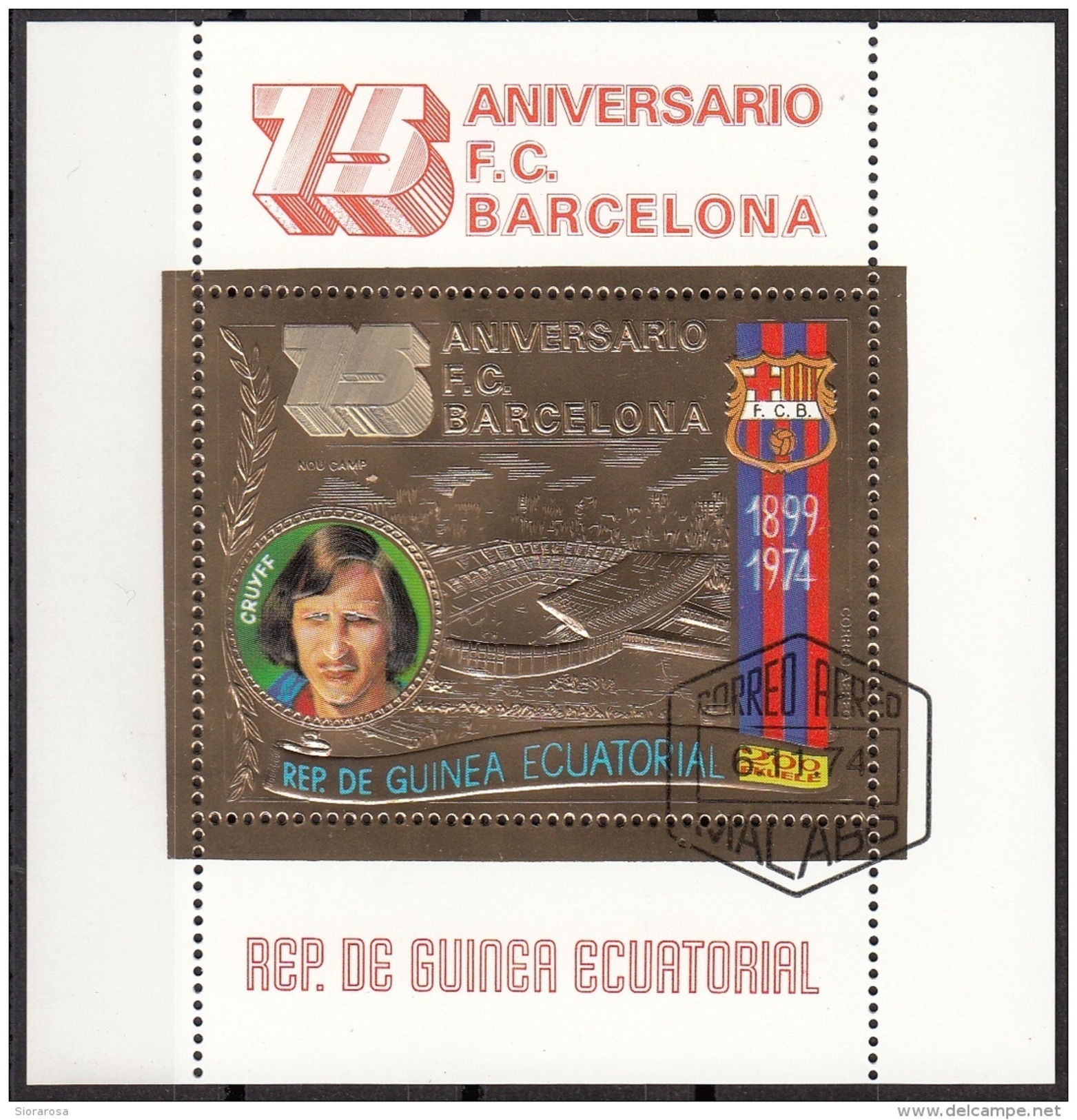 Bf. 136 Guinea Equatoriale 1974 Calcio Soccer - 75° Anniv. F.C. Barcellona - Johan Cruyff. Ecuatorial CTO Gold - Berühmte Teams