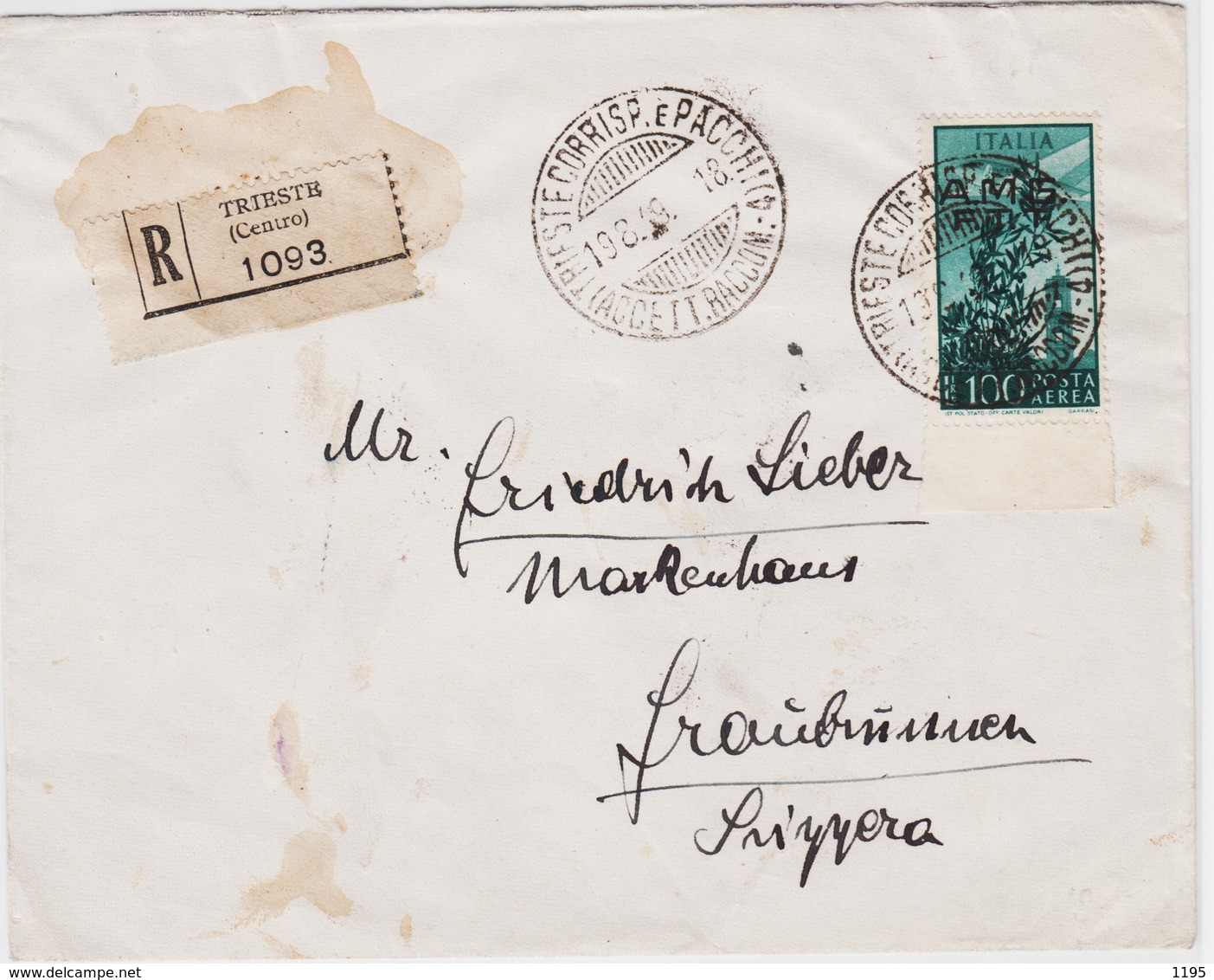 Trieste A, Lettera In Tariffa Destinazione Svizzera Sass. PA 13 (4987)04987 - Storia Postale