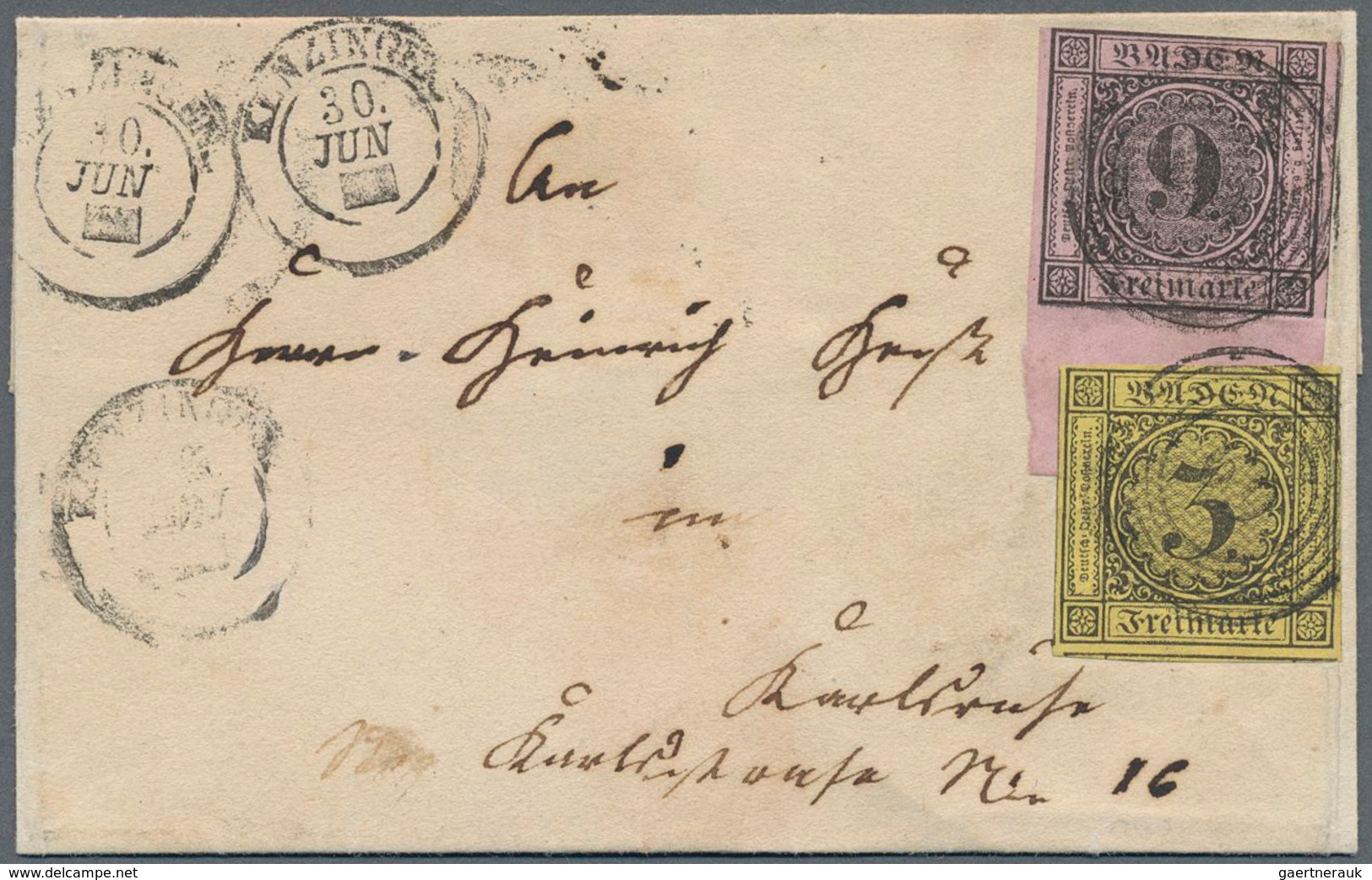 Baden - Marken Und Briefe: 1851/52, 3 Kr. Schwarz Auf Gelb Und 9 Kr. Schwarz Auf Lilarosa Mit 14 Mm - Otros & Sin Clasificación
