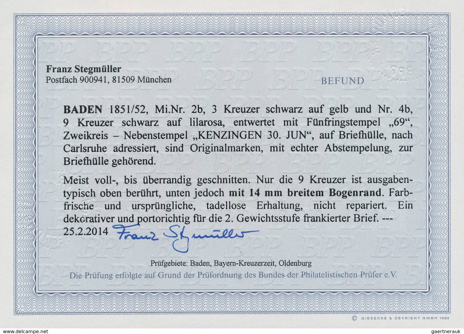 Baden - Marken Und Briefe: 1851/52, 3 Kr. Schwarz Auf Gelb Und 9 Kr. Schwarz Auf Lilarosa Mit 14 Mm - Otros & Sin Clasificación