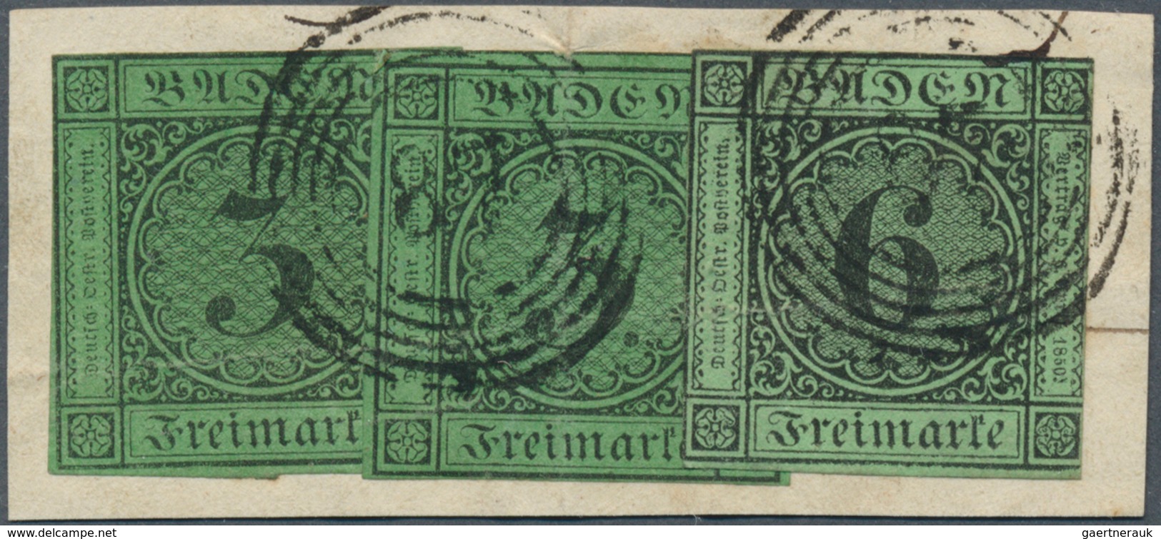 Baden - Marken Und Briefe: 1851/53, Ziffernausgabe 6 Kr. Schwarz Auf Grün Und Zweimal 1853, 3 Kr. Sc - Autres & Non Classés