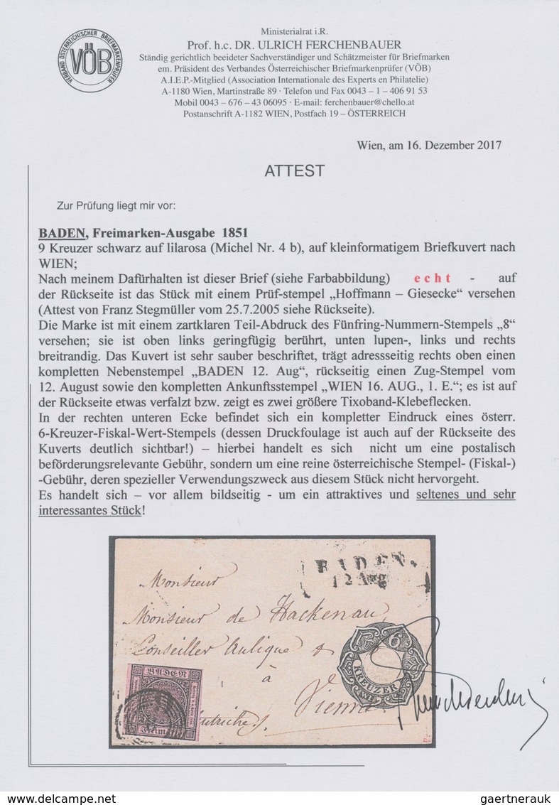 Baden - Marken Und Briefe: 1851, 9 Kreuzer Schwarz Auf Lilarosa, Entwertet Mit Fünfringstempel „8“ U - Other & Unclassified