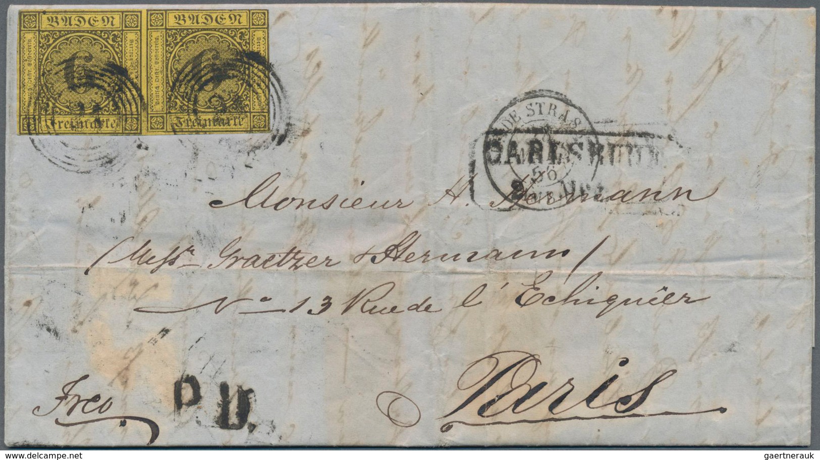 Baden - Marken Und Briefe: 1854 Waagerechtes Paar Der 6 Kr. Schwarz/gelb Auf Komplettem Faltbrief 18 - Otros & Sin Clasificación