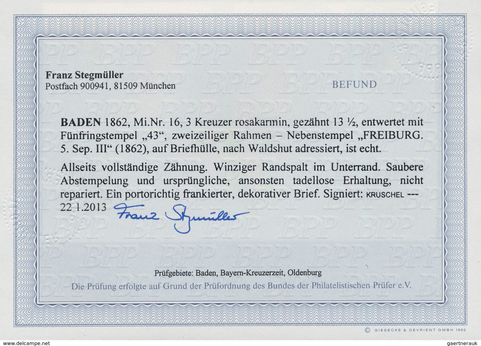 Baden - Marken Und Briefe: 1862, 3 Kreuzer Rosakarmin Entwertet Mit 4-Ringstempe "43" FREIBURG Auf F - Otros & Sin Clasificación