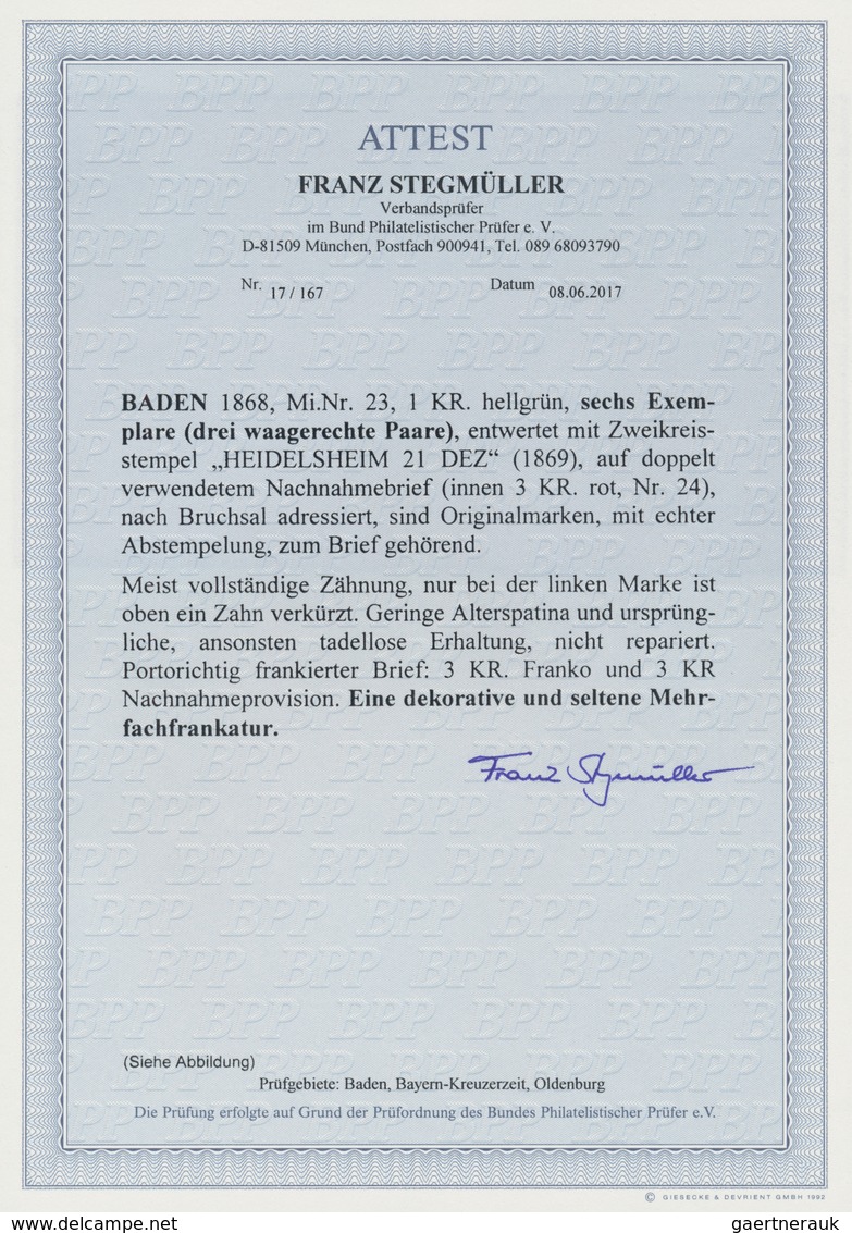 Baden - Marken Und Briefe: 1868: 1 Kreuzer Hellgrün, 3 Waagerechte Paare Als Seltene Mehrfachfrankat - Other & Unclassified