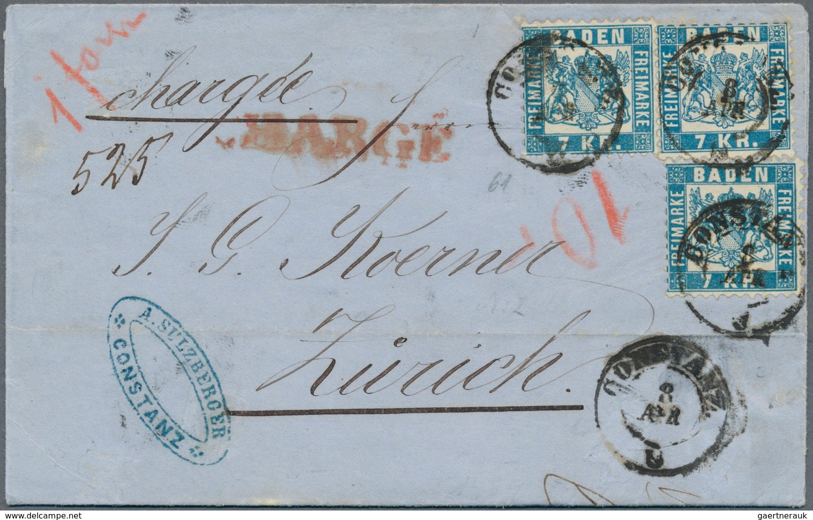 Baden - Marken Und Briefe: 1868, Dreimal 7 Kr. Blau Auf Charge-Brief Von "CONSTANZ 3 APR (1870)" Nac - Otros & Sin Clasificación