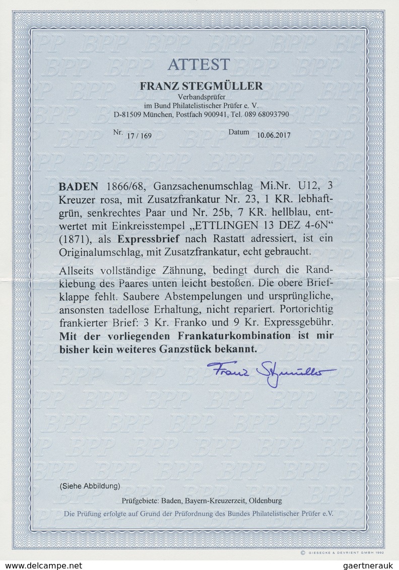 Baden - Ganzsachen: 1866/68: Ganzsachenumschlag 3 Kr. Rosa Mit 1 Kr. Lebhaftgrün Im Senkrechten Paar - Otros & Sin Clasificación