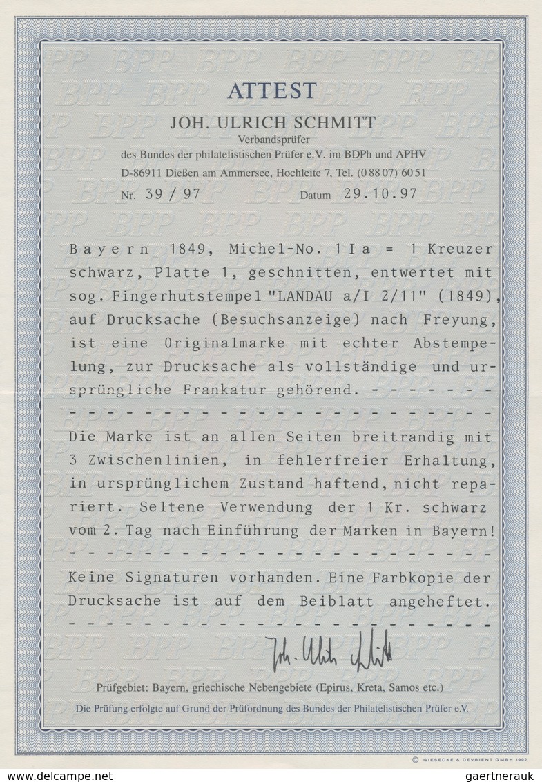 Bayern - Marken Und Briefe: 1849, 1 Kreuzer Schwarz, Platte 1, Entwertet Mit Fingerhutstempel "LANDA - Other & Unclassified