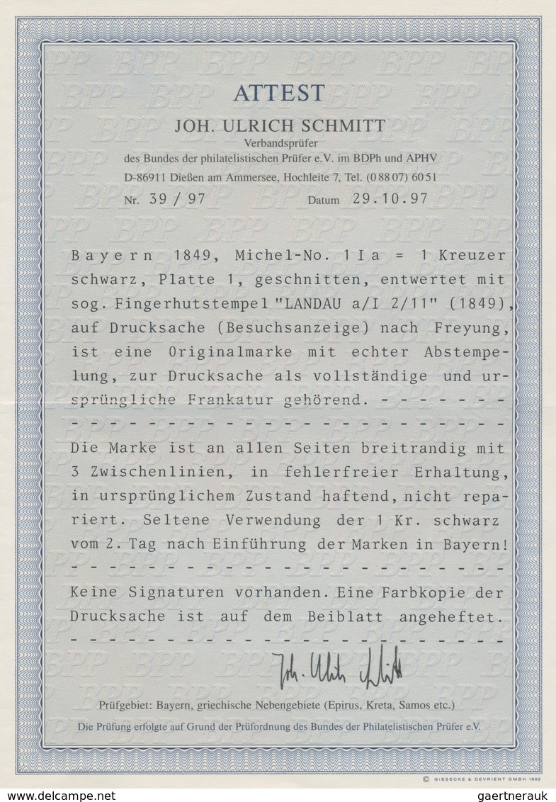 Bayern - Marken Und Briefe: 1849, 1 Kreuzer Schwarz, Platte 1, Entwertet Mit Fingerhutstempel "LANDA - Autres & Non Classés