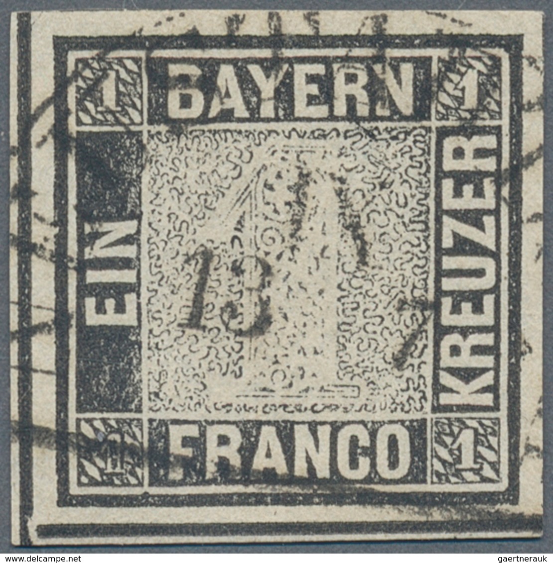 Bayern - Marken Und Briefe: 1849, 1 Kreuzer Schwarz, Platte 1, Vom Unteren Bogenrand, Entwertet Mit - Sonstige & Ohne Zuordnung