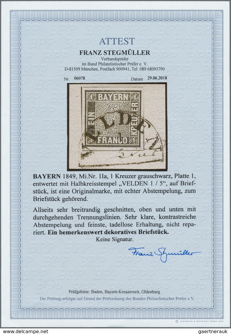 Bayern - Marken Und Briefe: 1849, SCHWARZER EINSER 1 Kreuzer Grauschwarz, Platte 1, Briefstück Mit H - Sonstige & Ohne Zuordnung