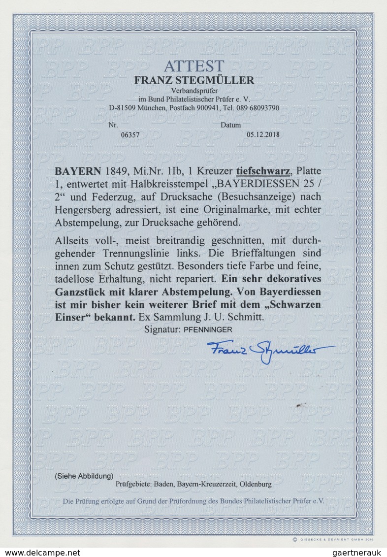 Bayern - Marken Und Briefe: 1849, 1 Kreuzer TIEFSCHWARZ, Platte 1, Mit Halbkreisstempel «BAYERDIESSE - Andere & Zonder Classificatie