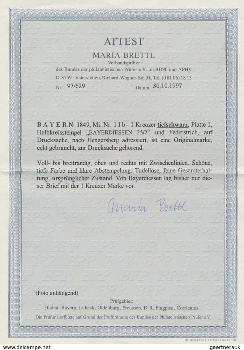 Bayern - Marken Und Briefe: 1849, 1 Kreuzer TIEFSCHWARZ, Platte 1, Mit Halbkreisstempel «BAYERDIESSE - Other & Unclassified