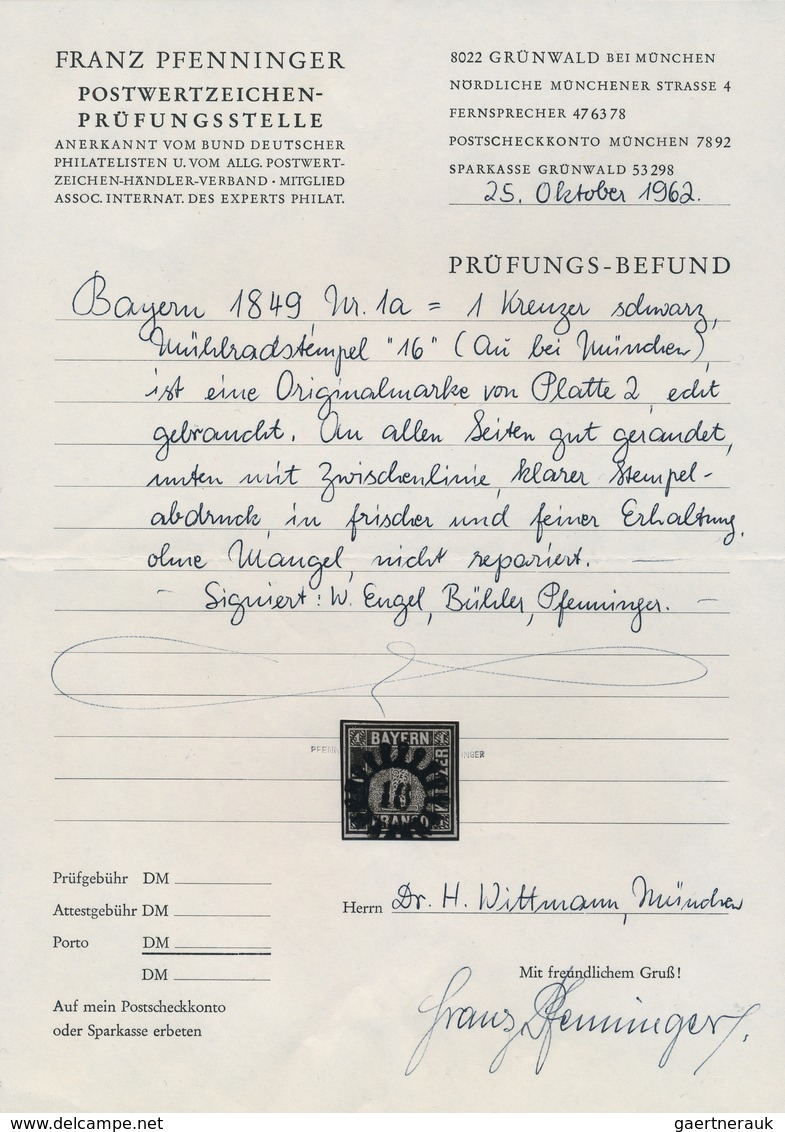 Bayern - Marken Und Briefe: 1849, Schwarzer Einser 1 Kreuzer Grauschwarz, Platte 2 Mit GMR "16" (Au - Autres & Non Classés