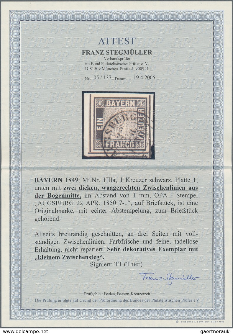 Bayern - Marken Und Briefe: 1849, SCHWARZER EINSER 1 Kreuzer Schwarz, Platte 1, Geschnitten, Unten M - Andere & Zonder Classificatie