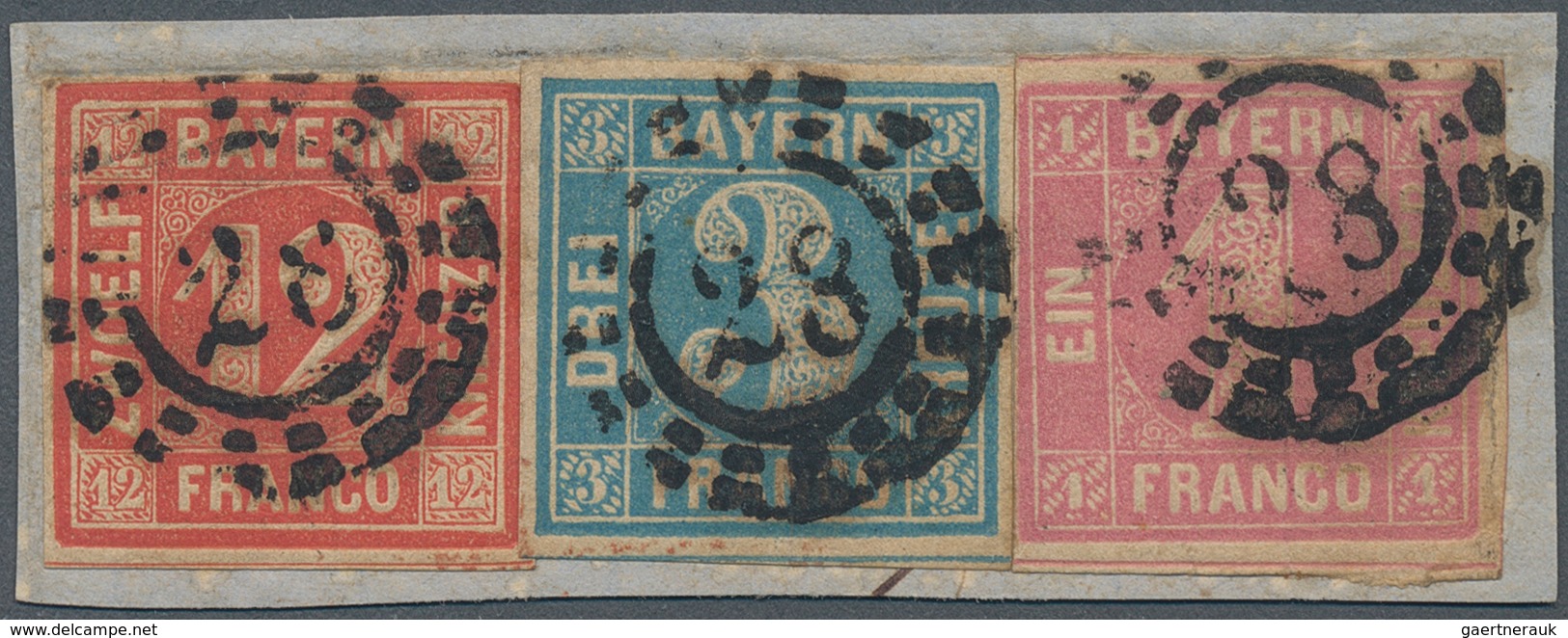 Bayern - Marken Und Briefe: 1858, 3 Kr Blau, 1 Kr Hellrot Und 12 Kr Rot Einzeln Entwertet Mit OMR "2 - Autres & Non Classés