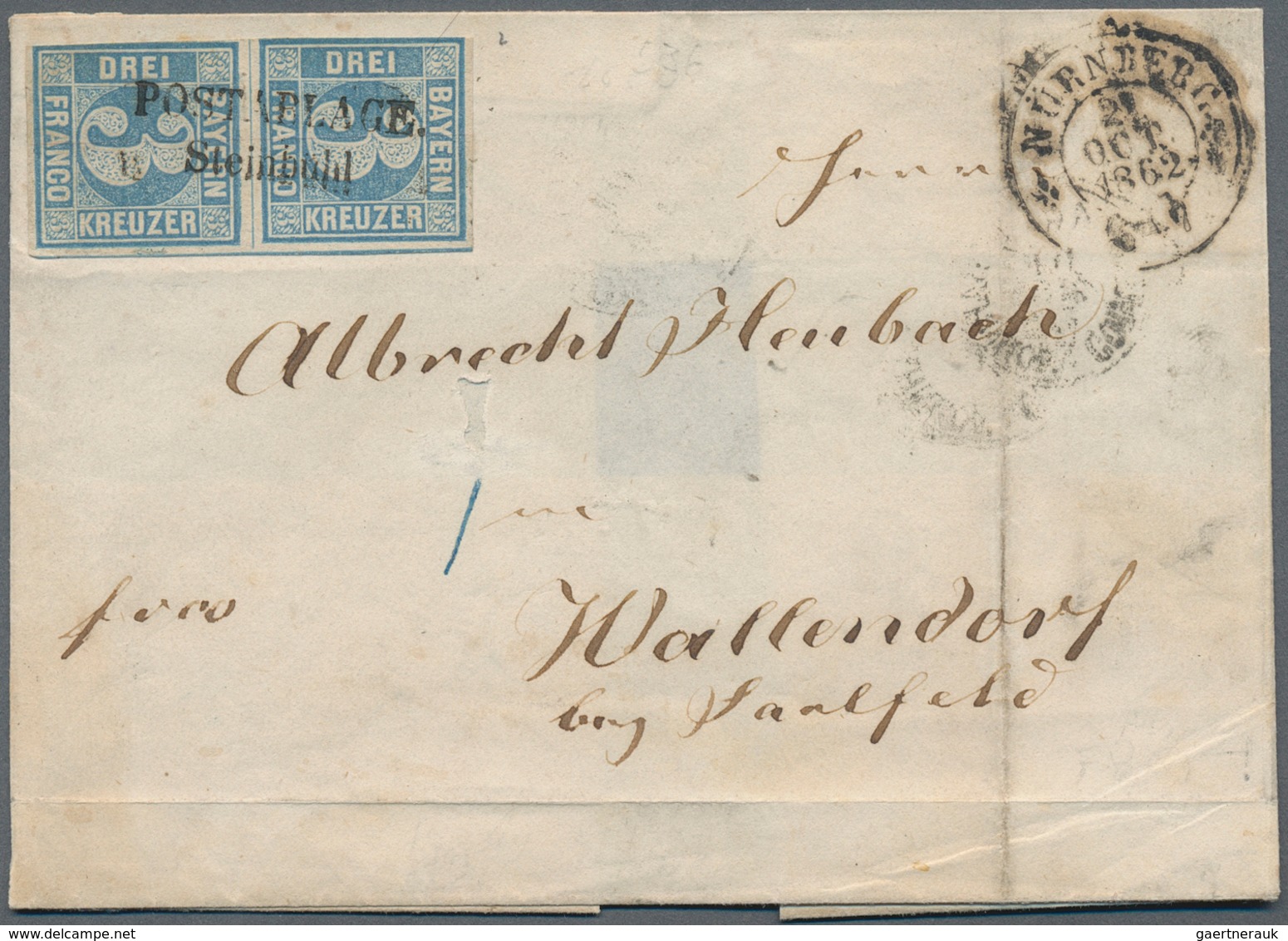 Bayern - Marken Und Briefe: 1862, 3 Kreuzer Blau Im Senkr. Paar Entwertet Mit POSTABLAGE-Stempel "ST - Autres & Non Classés