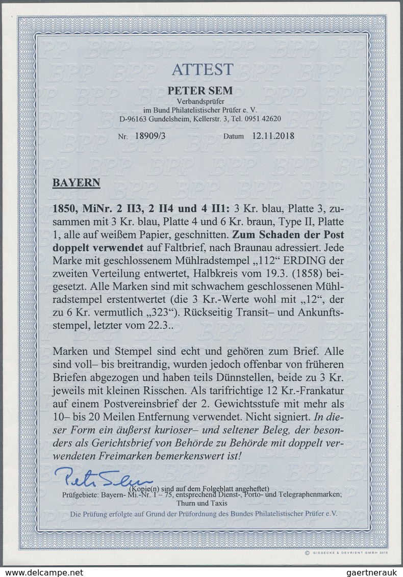 Bayern - Marken Und Briefe: 1850, 3 Kr. Blau, Platte 3 Zusammen Mit 3 Kr. Blau, Platte 4 Und 6 Kr. B - Other & Unclassified
