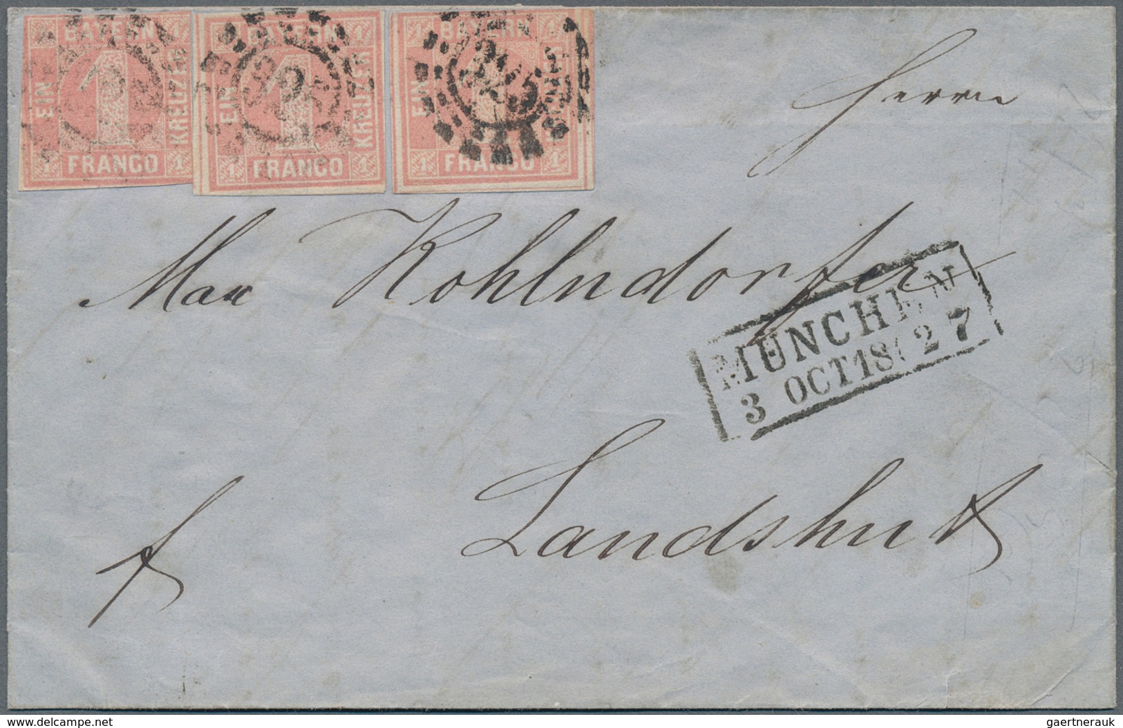 Bayern - Marken Und Briefe: 1850, 1 Kr. Rosa, Platte 2 Mit Spitzen Ecken, Drei Exemplare, Entwertet - Altri & Non Classificati