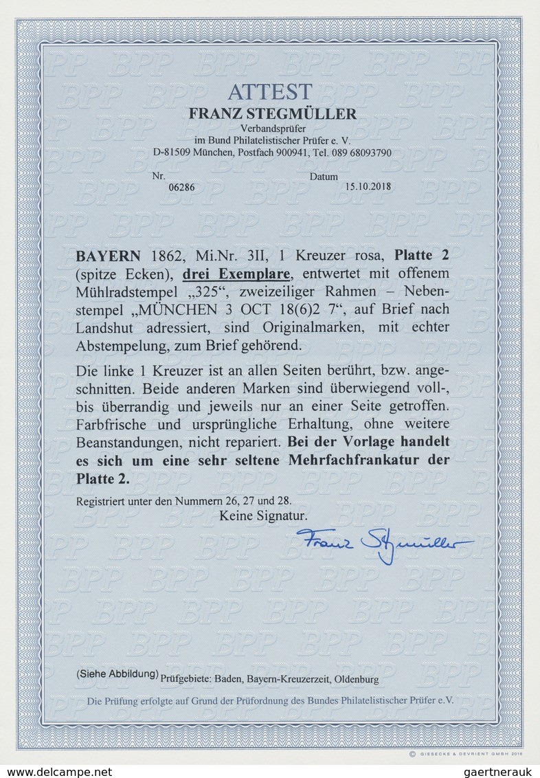 Bayern - Marken Und Briefe: 1850, 1 Kr. Rosa, Platte 2 Mit Spitzen Ecken, Drei Exemplare, Entwertet - Other & Unclassified